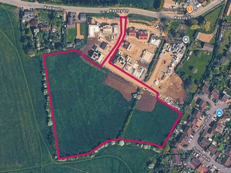 Approximate site boundary for 27 new homes off Keeley Lane, Wootton. Image: Google My Maps Map Data (C)2026 Imagery (C)2026 Airbus, Maxar Technologies via LDRS.