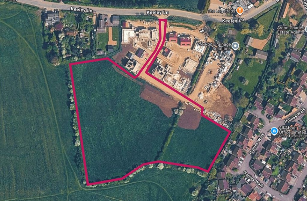 Approximate site boundary for 27 new homes off Keeley Lane, Wootton. Image: Google My Maps Map Data (C)2026 Imagery (C)2026 Airbus, Maxar Technologies via LDRS.