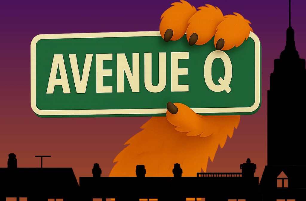 The road sign for Avenue Q held up a furry monster's paw