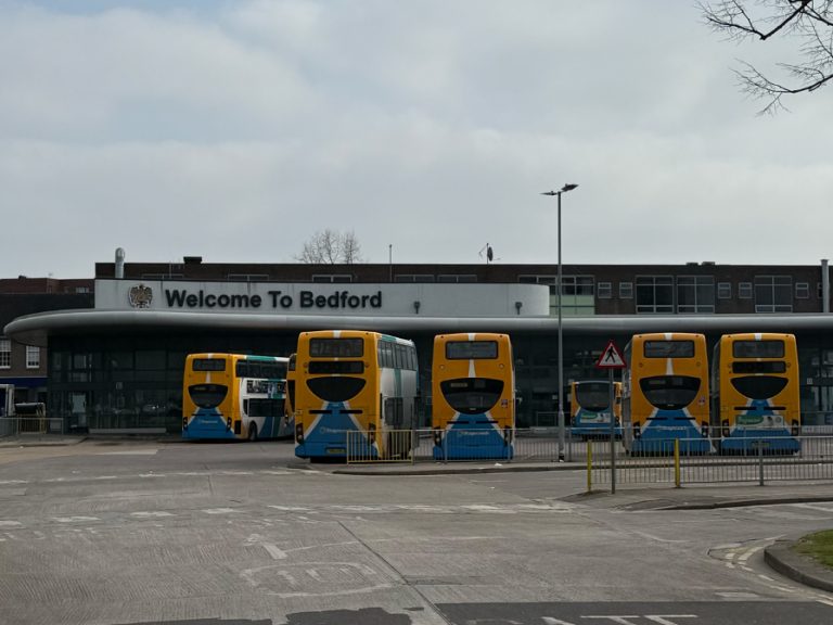 Bedford Bus Station with six double deckers and one single decker parked up. Image: Bedford Independent