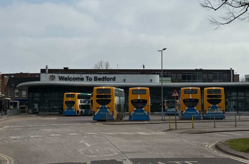 Bedford Bus Station with six double deckers and one single decker parked up. Image: Bedford Independent