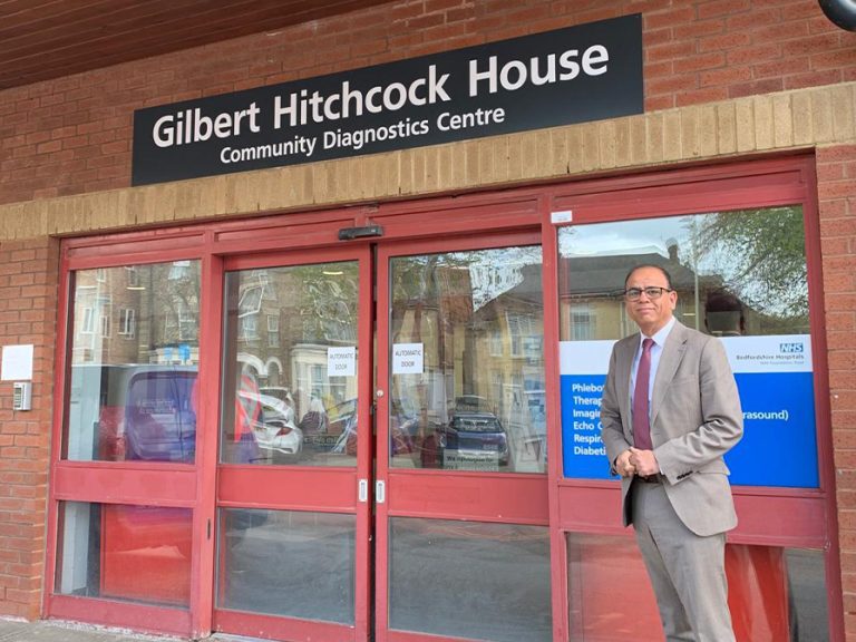 Bedford & Kempston MP, Mohammad Yasin (Labour) outside Gilbert Hitchcock House, Kimbolton Road, Bedford. Image: Office of Mohammad Yasin MP