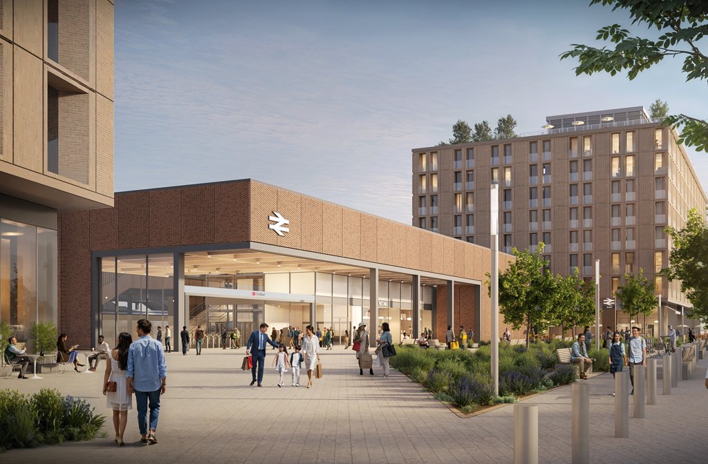 Artist's impression of the new Bedford Midland Station main entrance. Image EWR Co