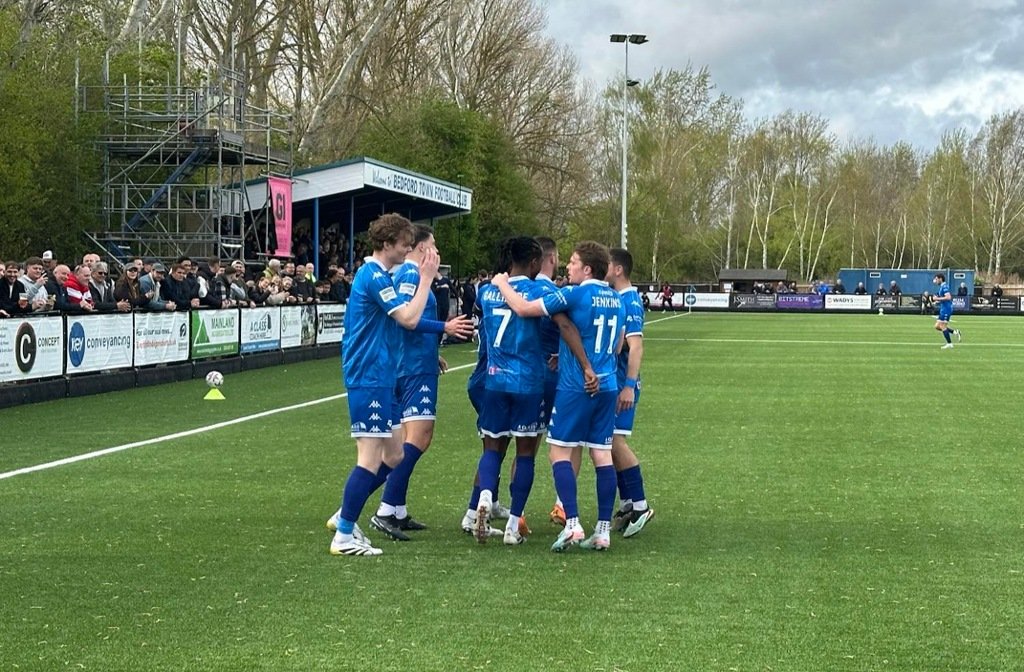Bedford Town celebrate a goal against Leamington at The Eyrie in April 2026