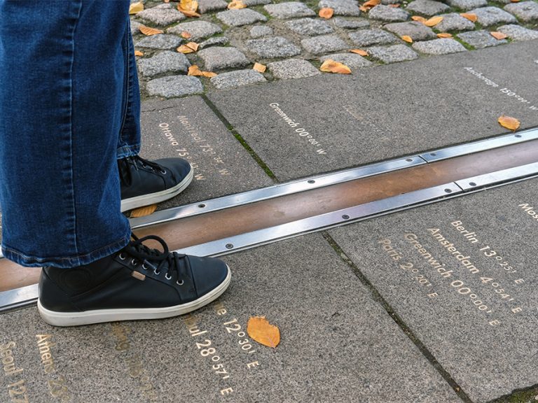 Feet straddling the Prime Meridian at Greenwich, London, with longitude markers engraved on the ground, representing global time zones. Image: Igor Paszkiewicz/Shutterstock