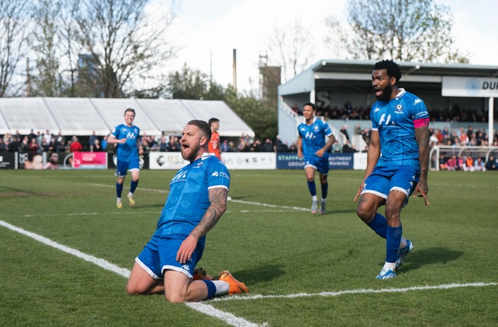 George Moncur celebrates scoring the opener at South Shields in April 2026