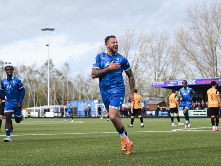 George Moncur of Bedford Town celebrates a key goal against Leamington at The Eyrie