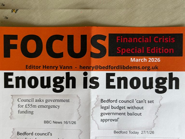Bedford Borough Liberal Democrats Fake Newspaper leaflet, March 2026. Image: Bedford Independent