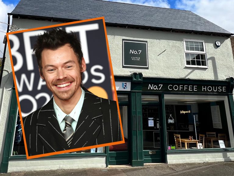 Harry Styles (insert) picked up a coffee from the No 7 Coffee House on Wellington Street, Bedford on 22 April 2026. Image: Main image - No. 7 Coffee Shop, Insert - Fred Duval/Shutterstock