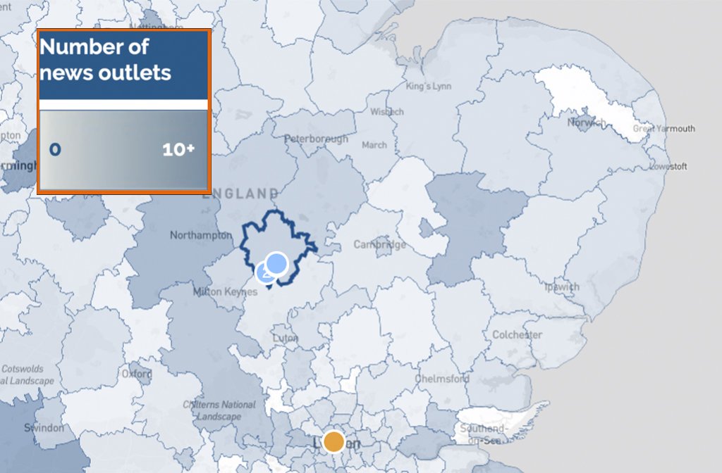 PINF's local news map showing the number of credible news sources across the region Image PINF