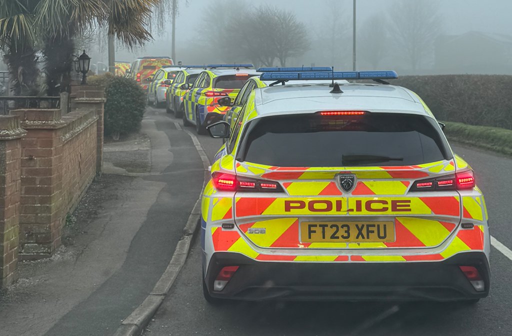Police cars lined up ahead of executing warrants during County Lines Intensification Week operation March 2026. Image: Bedfordshire Police