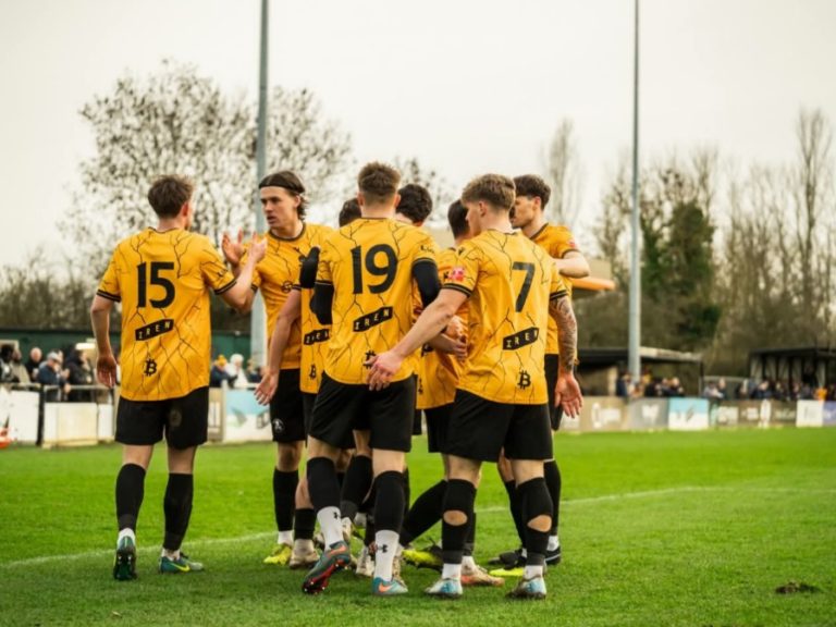 Real Bedford players celebrate a goal against Stratford Town at the Ledger Stadium in February 2026