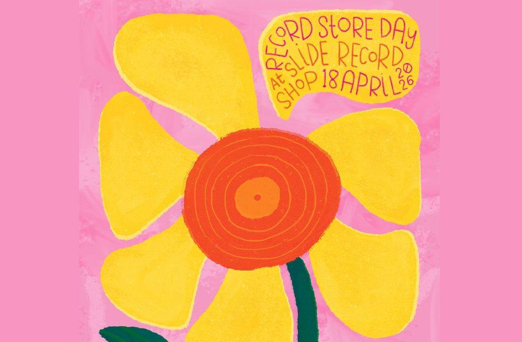 Record Store Day poster for Slide Records featuring a sun flower with a stylised record at its centre. Image by Katie Allen