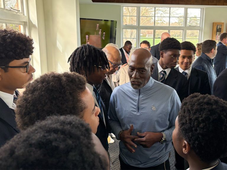 Sir Viv Richards speaks to Bedford School boys (2) during a visit on 10 March 2026 Image Bedford Independent