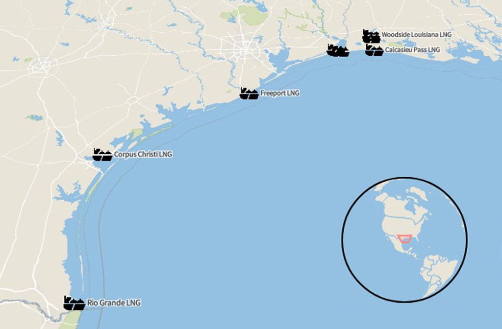 The Gulf Coast's UK-funded gas terminals. Image: The Bureau of Investigative Journalism, © Open Map Tiles © Open Street Map contributors. Source: Sierra Club.