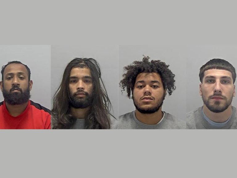 (l-r) Amirul Hussain, Jayden Kalyan, Jerome Ajayii, Remus Rotariu. Image: Bedfordshire Police custody photos.