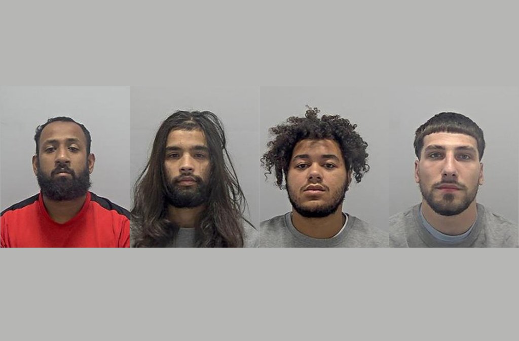 (l-r) Amirul Hussain, Jayden Kalyan, Jerome Ajayii, Remus Rotariu. Image: Bedfordshire Police custody photos.