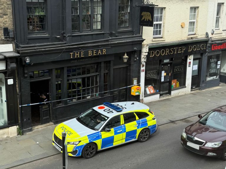The Bear pub on Bedford High Street with a police cordon after a break‑in in the Early hours of Thursday, 9 April 2026. Image: Bedford Independent partner