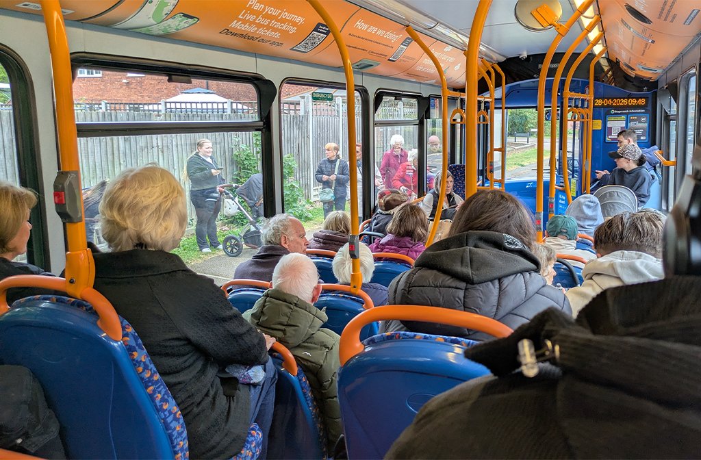 A packed 53 bus at the Marshal Court stop on Hillgrounds, Kempston at 09:56 on 20 April 2026. Image: Jason Gurr