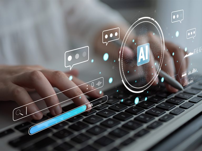 AI concept artwork showing someone typing on a computer keyboard with AI holograms and motifs above their hands Image Summit Art Creations Shutterstock