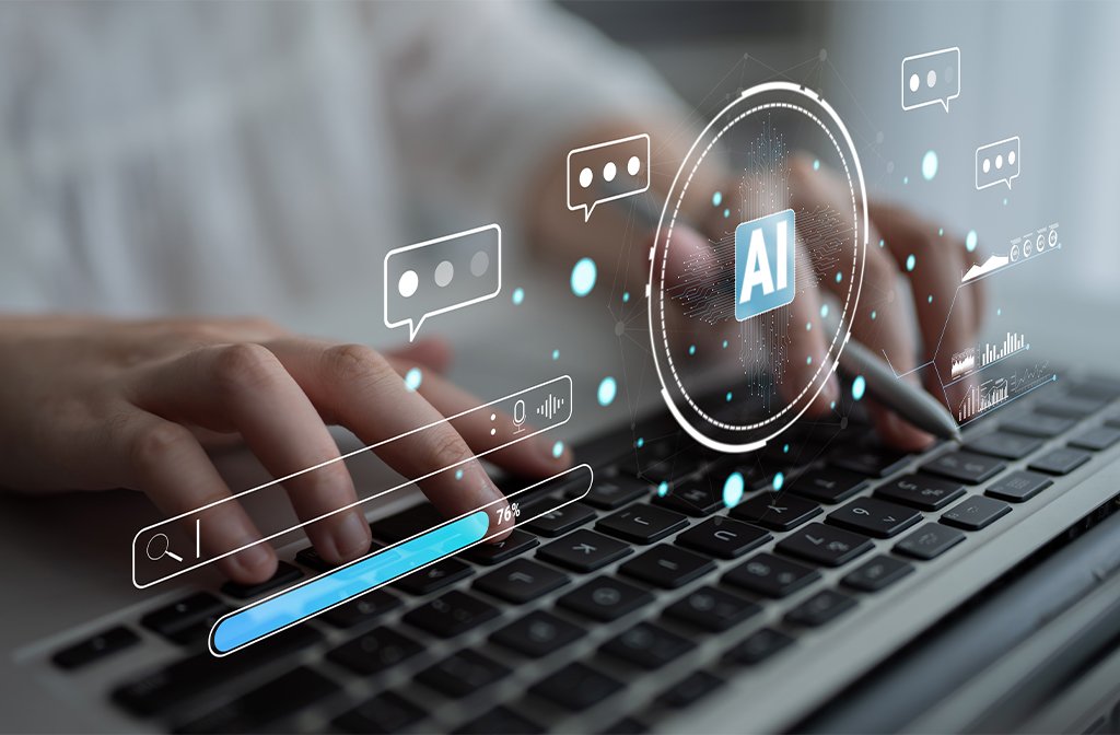 AI concept artwork showing someone typing on a computer keyboard with AI holograms and motifs above their hands Image Summit Art Creations Shutterstock