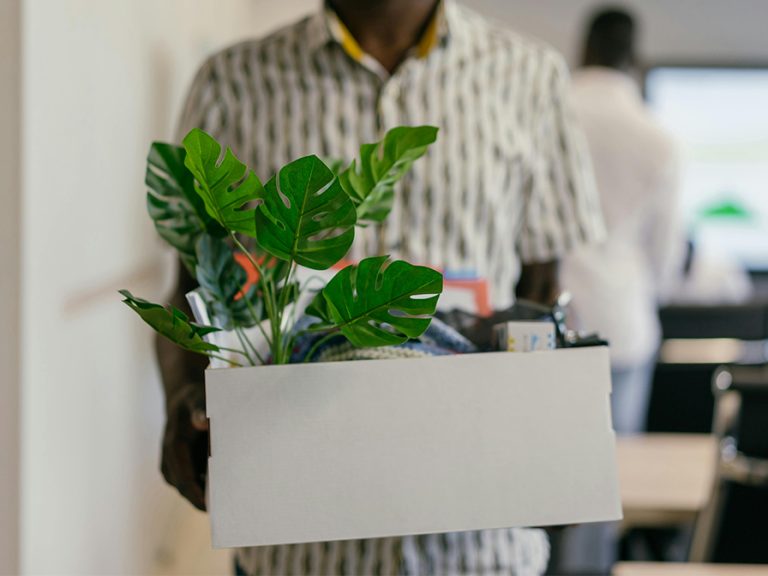 Adult man carrying office box with a plant, symbolising job loss change or relocation