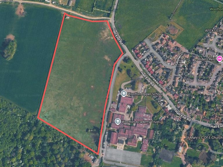 Approximate site boundary for proposed 61 new homes off Hall End Road, Wootton Image Google My Maps Map Data (C)2026 Imagery (C)2026 Airbus, Maxar via LDRS