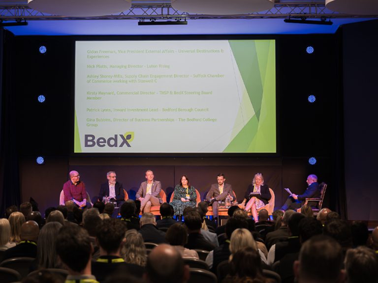 BedX at King's House, Bedford on 28 April. (l-r) Gidon Freeman, vice-president external affairs Universal Destinations & Experiences; Nick Platt, managing director, Luton Rising; Ashley Shorey-Mills, supply chain engagement director, Suffolk Chamber of Commerce; Kirsty Maynard, commercial director, THSP; Patrick Lyons, inward investment lead, Bedford Borough Council; Gina Bubbins, director of business partnerships, The Bedford College Group. Image: Duncan Jack Photography and Michael Thorn Photography.