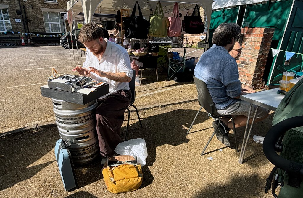 Cameron Stuart the typewriting poet at Beerfly's Klein Festival 25 May 2026. Image: Bedford Independent.