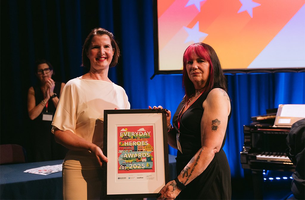 Fundraiser of the Year (individual) 2025 winner, Janie Valiance (r) with Rebecca Covington from Woodfines Solicitors. Image: Bedford Independent.