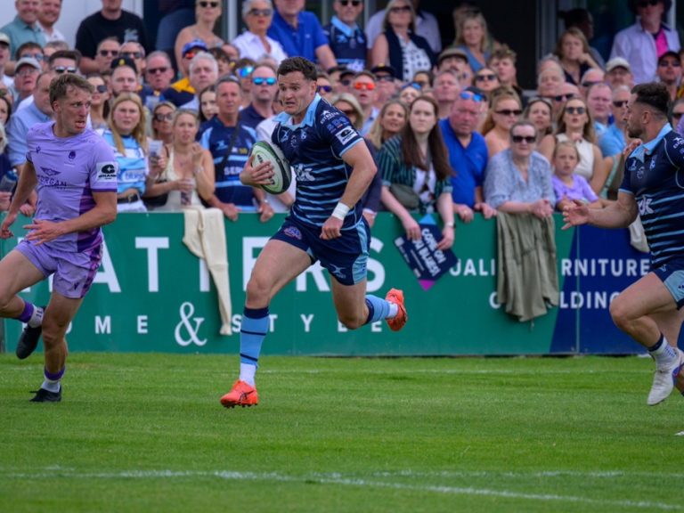 George Worth of Bedford Blues attacks the Worcester defence in the Champ Rugby final