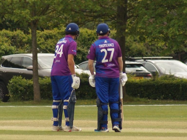 Bedfordshire cricketers, Jake Tarling and George Thurstance at the crease in May 2026