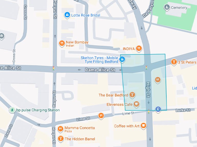 Map showing area of Bedford High Street closed due to water leak repairs 19 May 2026. Image: Anglian Water/Mapdata ©2026 Google