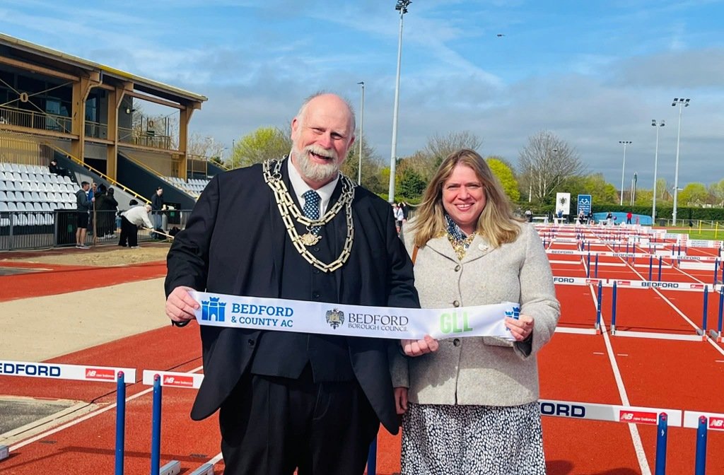 Mayor Tom Wootton and Mrs Wootton at Bedford International Athletics Stadium.