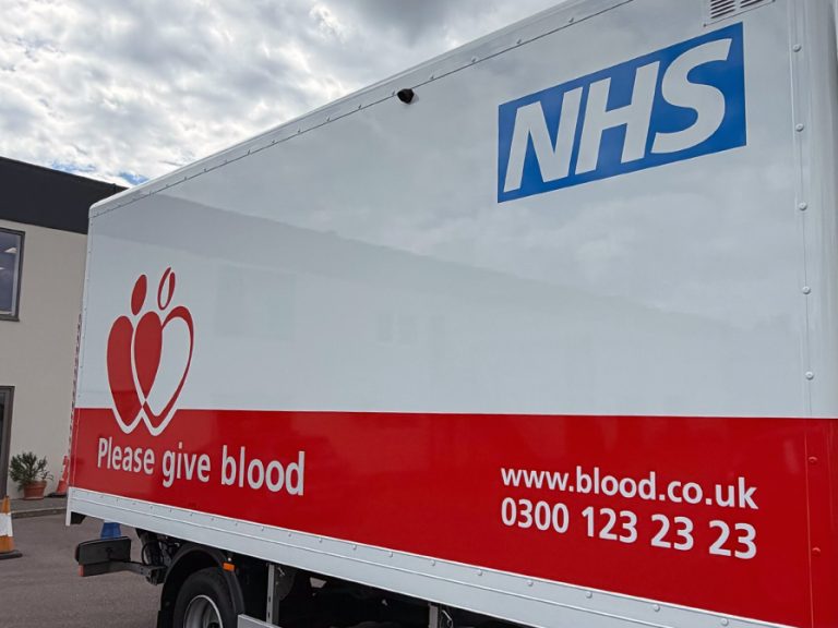 NHS Give Blood donor truck parked outside King's House, Ampthill Road, Bedford. Image: Bedford Independent