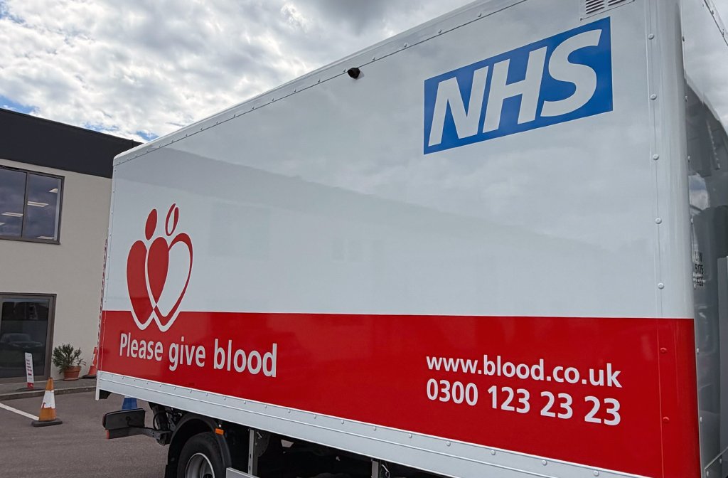 NHS Give Blood donor truck parked outside King's House, Ampthill Road, Bedford. Image: Bedford Independent