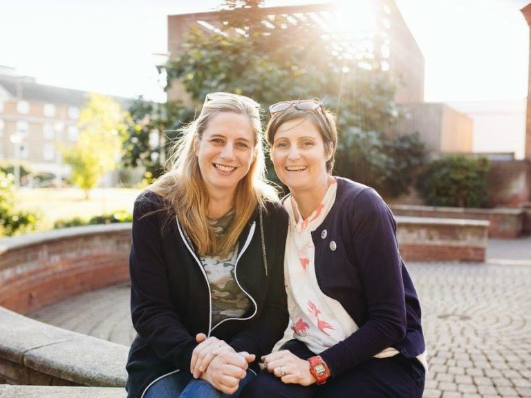 One from the archive. Erica Roffe & Julia Course pictured sitting outside The Higgins Bedford. Image Cat Lane