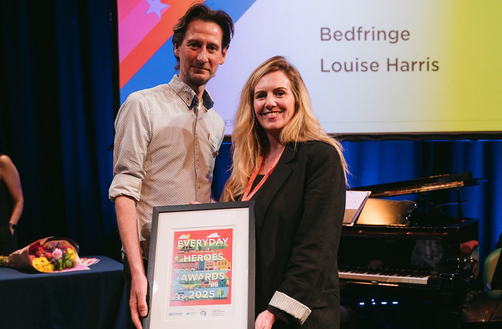 Raising the profile of the Borough 2025 Highly Commended, Louise Harrris (r) with James Pharaoh MBE from the Quarry Theatre. Image: Bedford Independent.