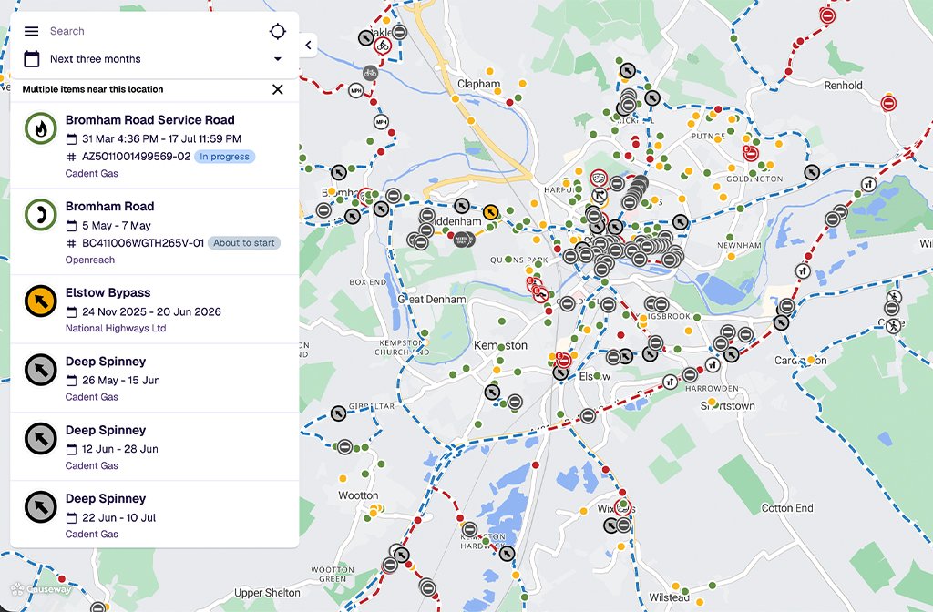 Screenshot of Bedford Borough road closures map May 2026. Image: Bedford Borough Council/ © MapTiler © OpenStreetMap contributors.