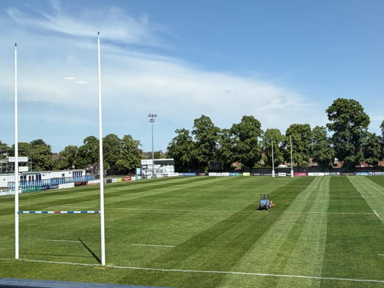 The Bedford Blues pitch at Goldington Road being prepared ahead of the Champ League play-off final on Sunday, 31 May 2026.Image: Bedford Independent.