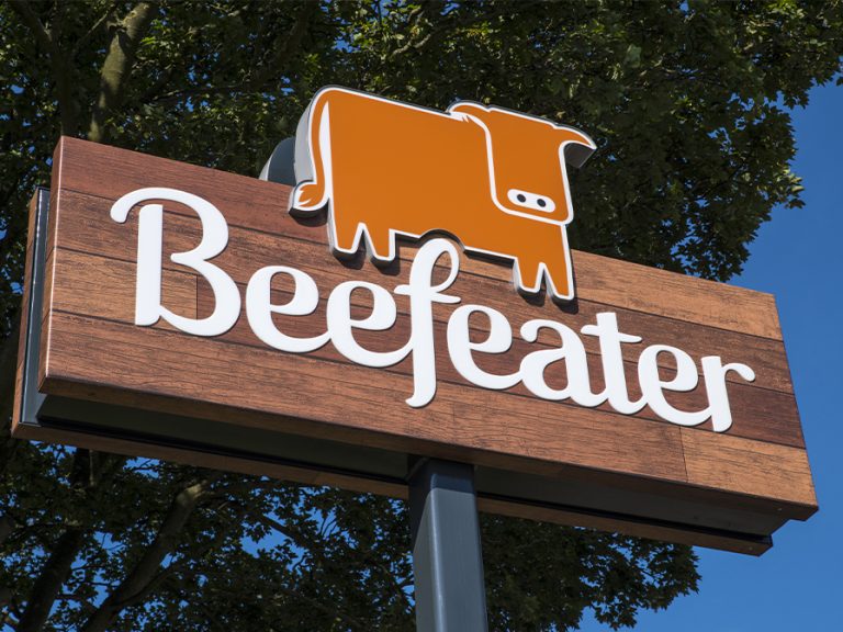 The Beefeater logo sign outside one of their restaurants in the UK