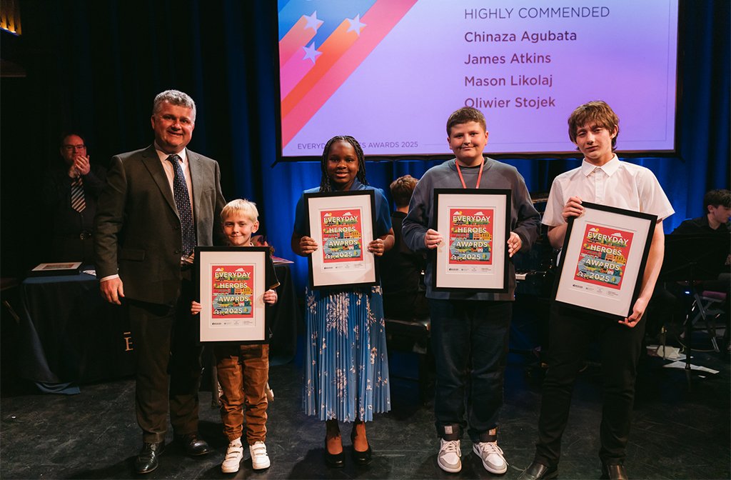 Young Carers, Chinaza Agubata, James Atkins, Mason Likolaj and Oliwier Stojek, with Heart Academies Trust CEO David Morris. Image: Bedford Independent