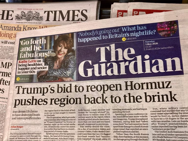 A British newspaper reporting that Trump attempted to open a route through the strait of Hormuz, but Iran claims to have destroyed boats. Image: Steve Travelguide/Shutterstock