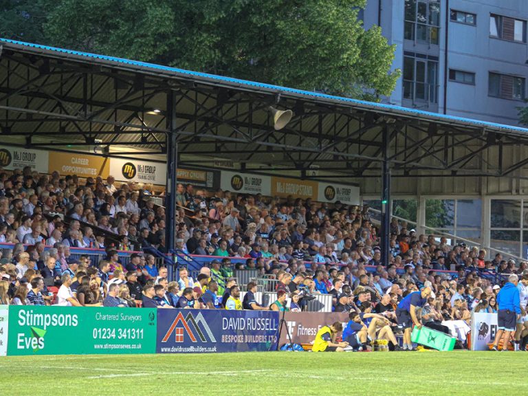 A packed stand for the Champ Rugby League semi final against Coventry on 22 May 2026. Image: Bedford Blues/Facebook