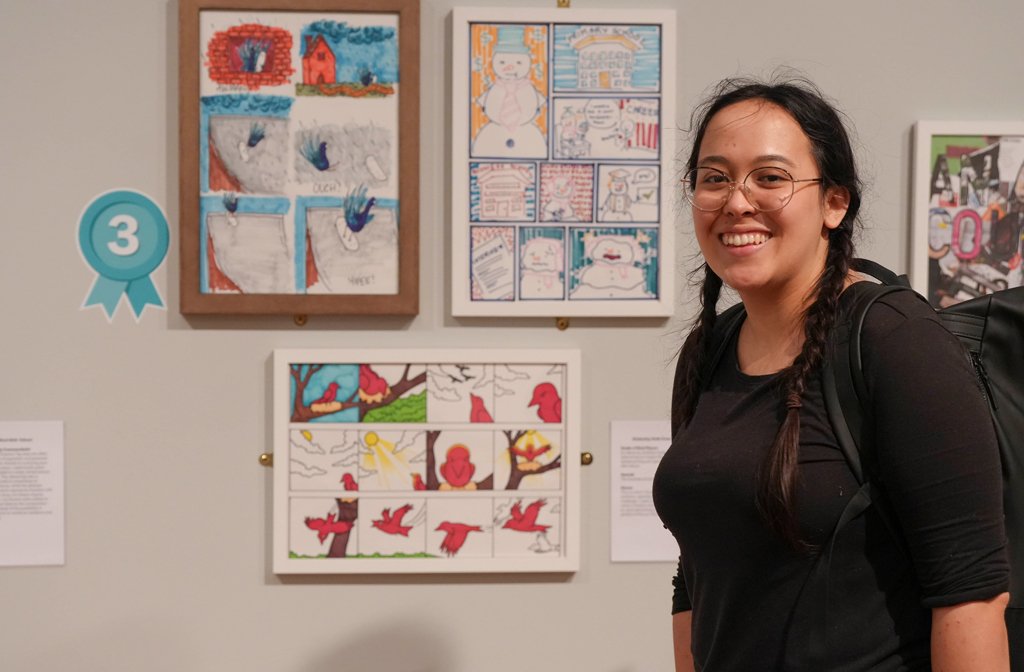 Artist Abigail Rai at the exhibition of Harpur Trust art competition at the Higgins Bedford. Image Harpur Trust