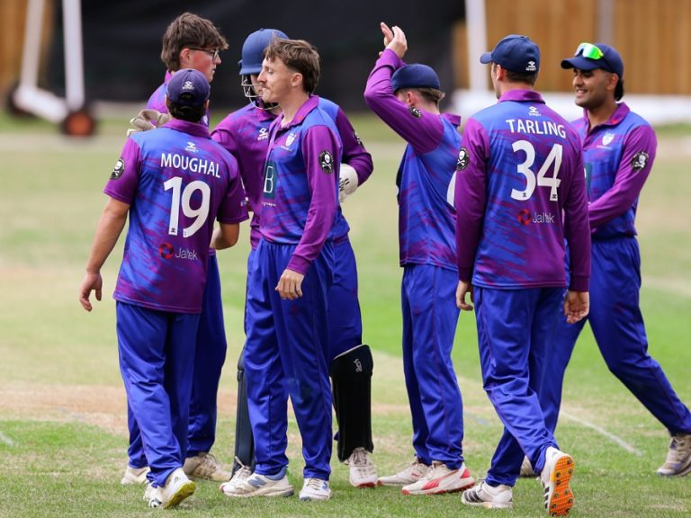 A group of seven Bedfordshire cricketers giving each other high fives after taking a wicket in the cricket