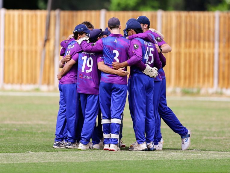 Bedfordshire County Cricket Club players in a team huddle before the second game against Buckinghamshire in the T20 National Counties tournament