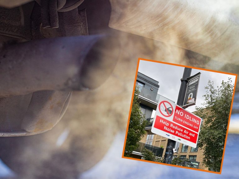 (Main pic) Close-up of car exhaust pipe with blue exhaust smoke. Image: Denis Torkhov/Shutterstock (Inset) one of the new no idling signs at a GTR station. Image: GTR