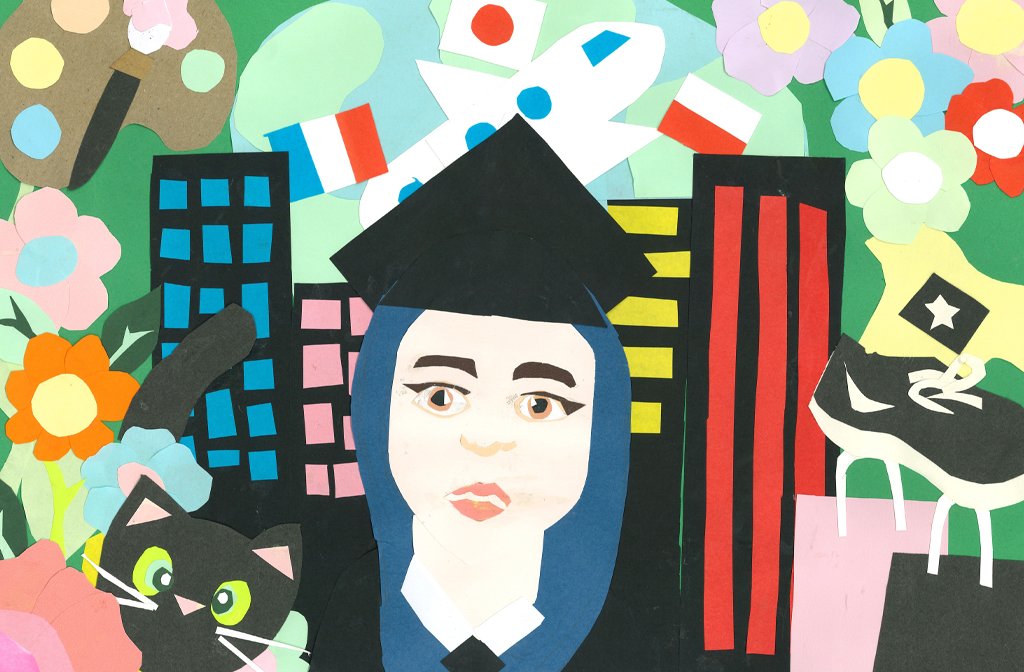 Collage artwork featured in the Harpur Trust Schools Art Exhbition at the Higgins Bedford. The image shows a girl wearing a graduation mortar board and she's holding a paintbrush. There is an aeroplane in the background and the flags of countries she'd like to visit. There are highrise buildings and clothing items too. Image Harpur Trust