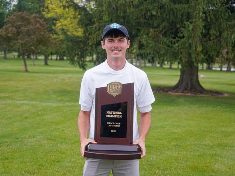 Connor Tallentire with the NJCAA National Championship trophy in Indiana in May 2026